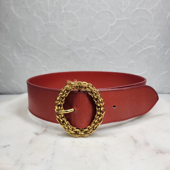 Paloma Picasso Red Leather Gold Chain Buckle Belt Made in Italy Vintage 31x2 - Picture 1 of 14